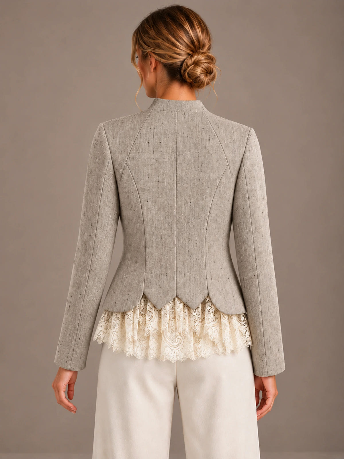Women's Lace Hem Tweed-Style Jacket – Scalloped Button Front in Taupe, back view