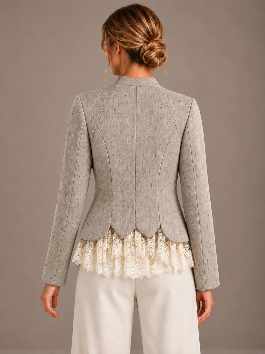 Women's Lace Hem Tweed-Style Jacket – Scalloped Button Front in Taupe, back view
