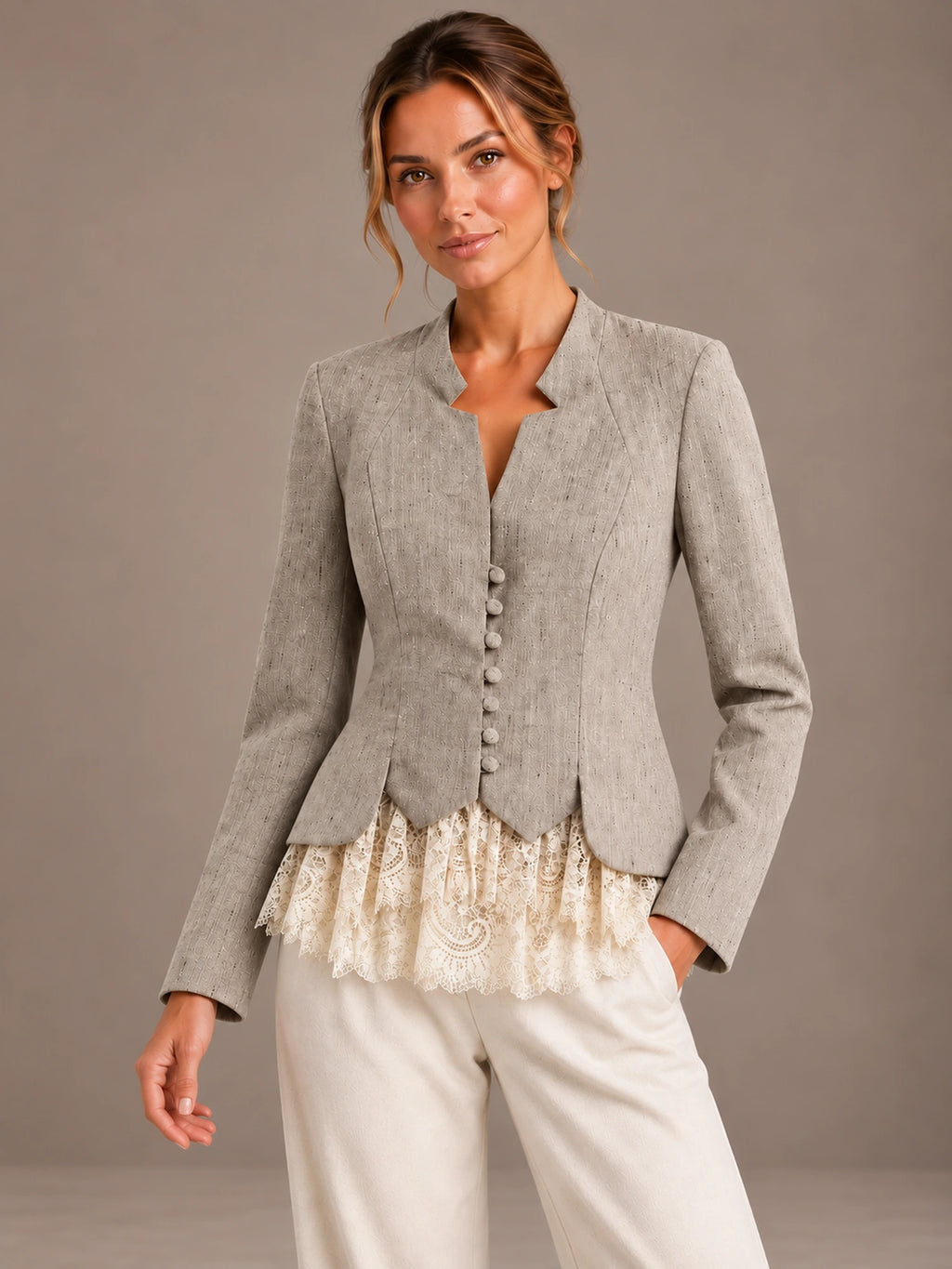 Women's Lace Hem Tweed-Style Jacket – Scalloped Button Front in Taupe, on model view