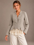 Women's Lace Hem Tweed-Style Jacket – Scalloped Button Front in Taupe, on model view