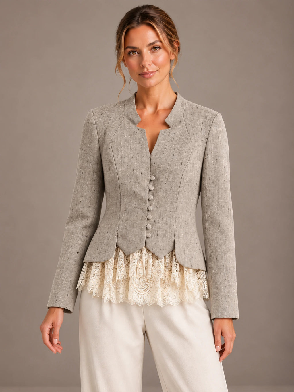Women's Lace Hem Tweed-Style Jacket – Scalloped Button Front in Taupe, front view