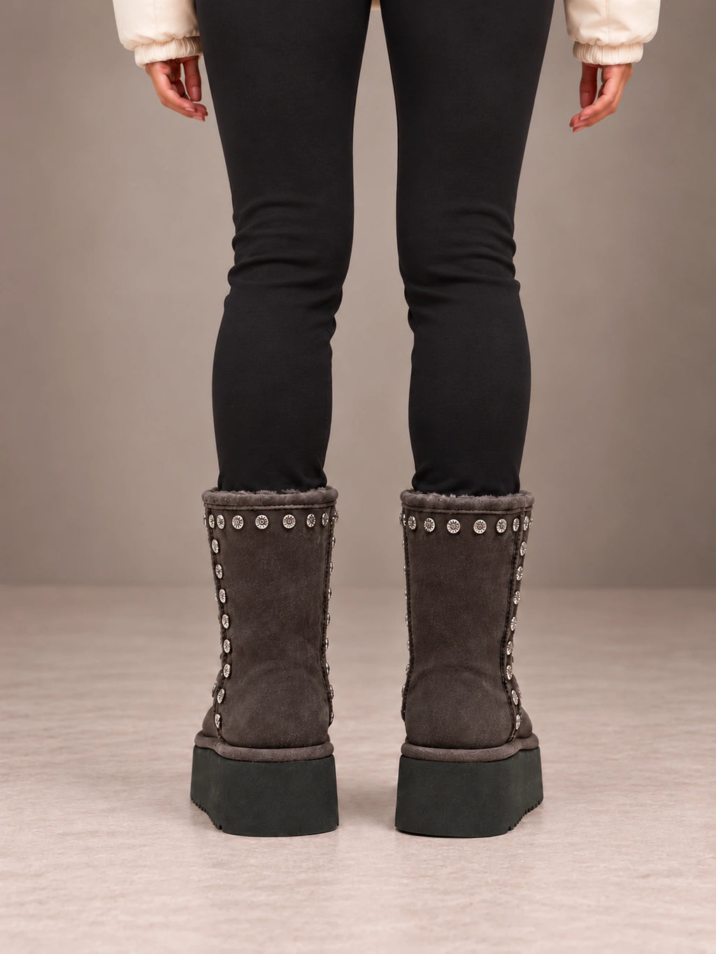 Women's Studded Platform Boots – Fleece-Lined Faux Suede in Gray, back view