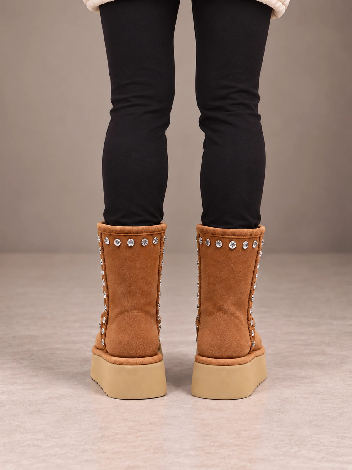 Women's Studded Platform Boots – Fleece-Lined Faux Suede in Tan, back view