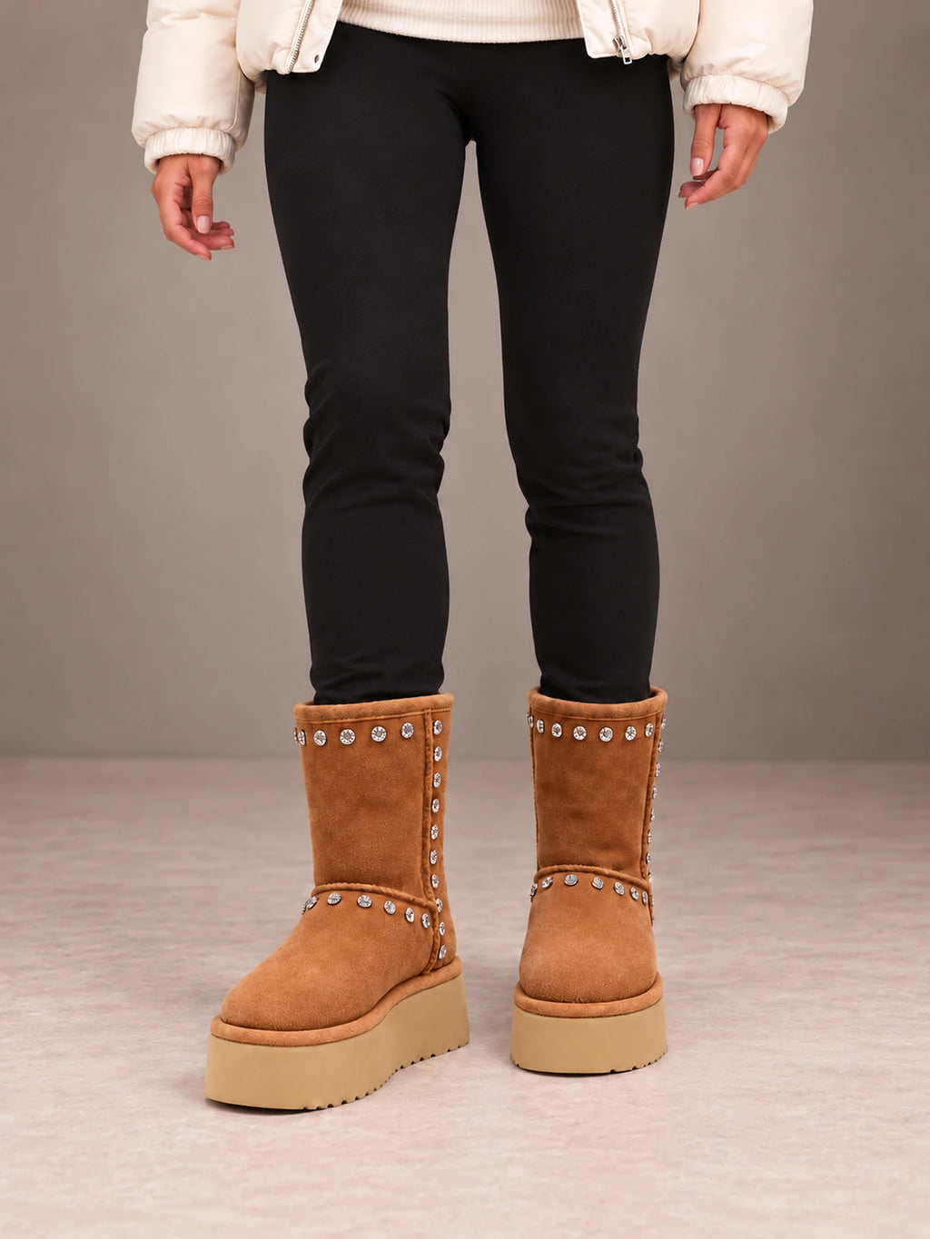 Women's Studded Platform Boots – Fleece-Lined Faux Suede in Tan, front view