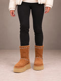 Women's Studded Platform Boots – Fleece-Lined Faux Suede in Tan, front view