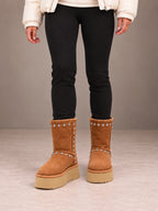 Women's Studded Platform Boots – Fleece-Lined Faux Suede in Tan, front view