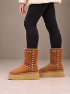 Women's Studded Platform Boots – Fleece-Lined Faux Suede in Tan, side view