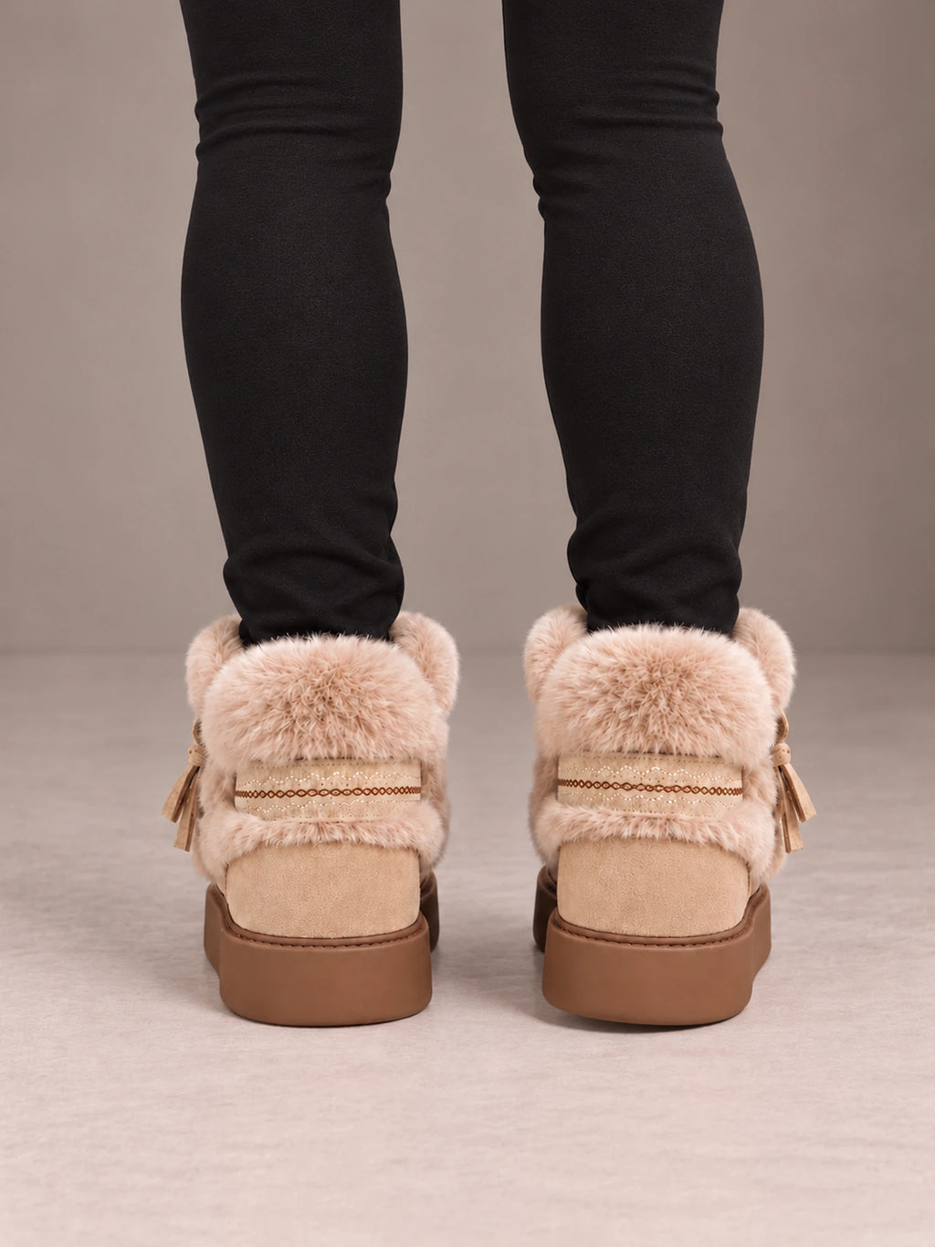 Women's Fur Trim Platform Boots – Tassel Tie Ankle Boots in Beige, back view