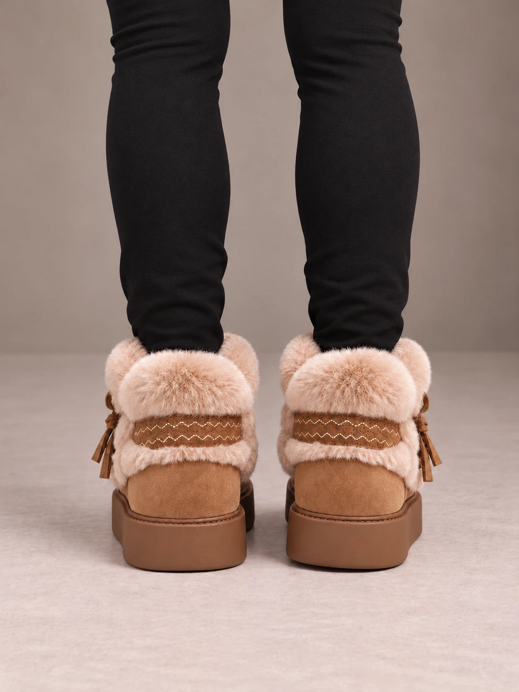 Women's Fur Trim Platform Boots – Tassel Tie Ankle Boots in Tan, back view