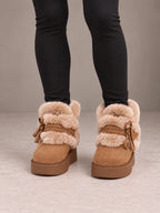 Women's Fur Trim Platform Boots – Tassel Tie Ankle Boots in Tan, front view