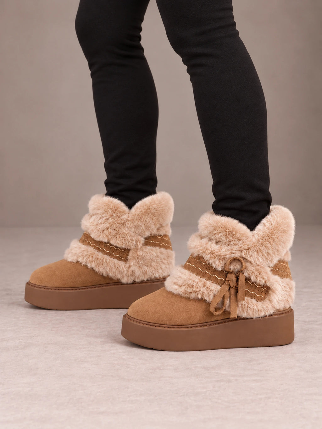 Women's Fur Trim Platform Boots – Tassel Tie Ankle Boots in Tan, side view