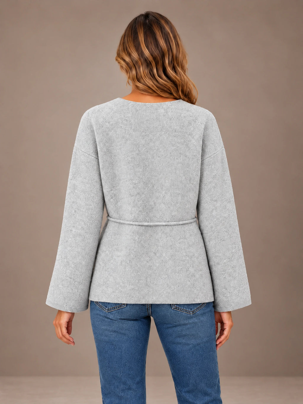 Women's Flared Sleeve Cardigan – Open Front Tie Waist Knit in Light Gray, back view