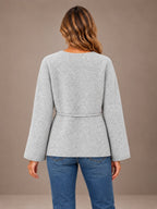 Women's Flared Sleeve Cardigan – Open Front Tie Waist Knit in Light Gray, back view