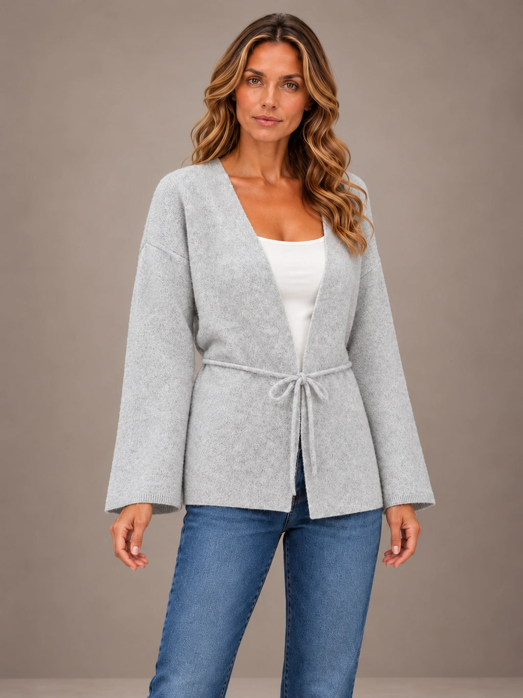 Women's Flared Sleeve Cardigan – Open Front Tie Waist Knit in Light Gray, on model view