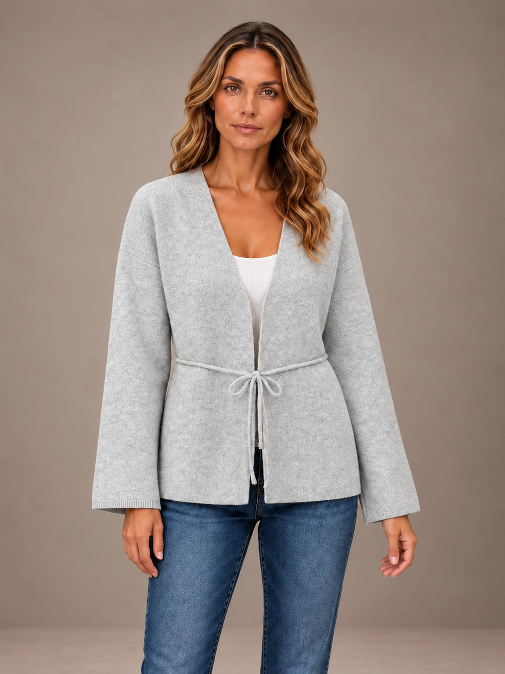 Women's Flared Sleeve Cardigan – Open Front Tie Waist Knit in Light Gray, front view