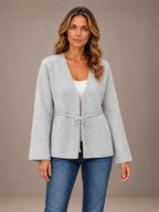 Women's Flared Sleeve Cardigan – Open Front Tie Waist Knit in Light Gray, front view