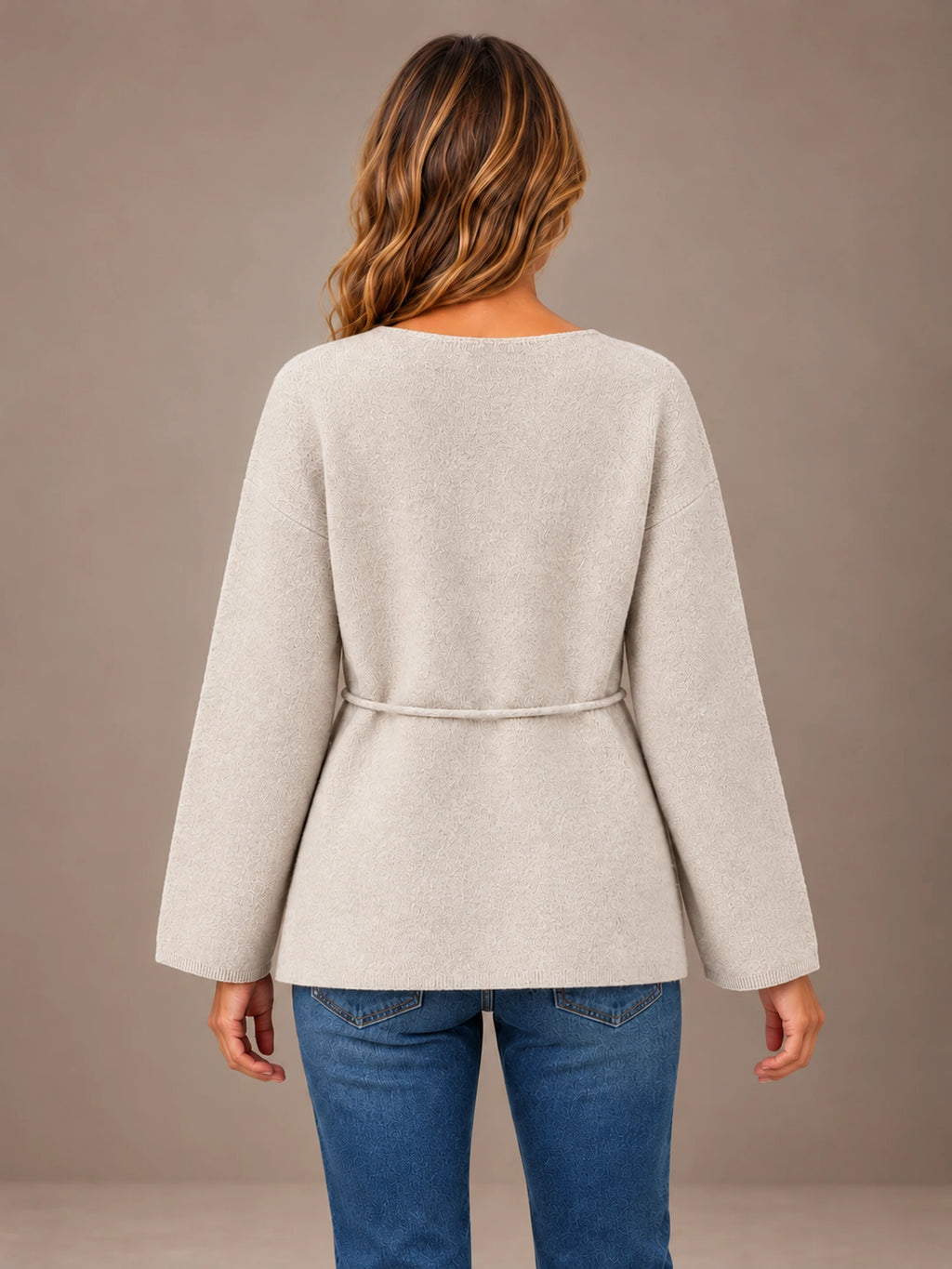 Women's Flared Sleeve Cardigan – Open Front Tie Waist Knit in Oatmeal, back view