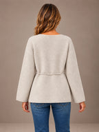 Women's Flared Sleeve Cardigan – Open Front Tie Waist Knit in Oatmeal, back view