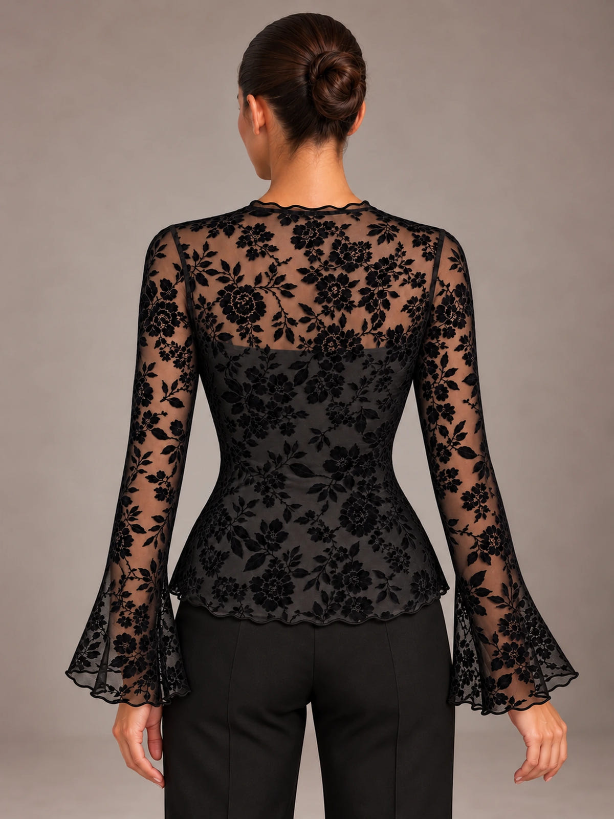 Women's Floral Lace Top – Tie Front Flared Sleeve Party Blouse in Black, back view