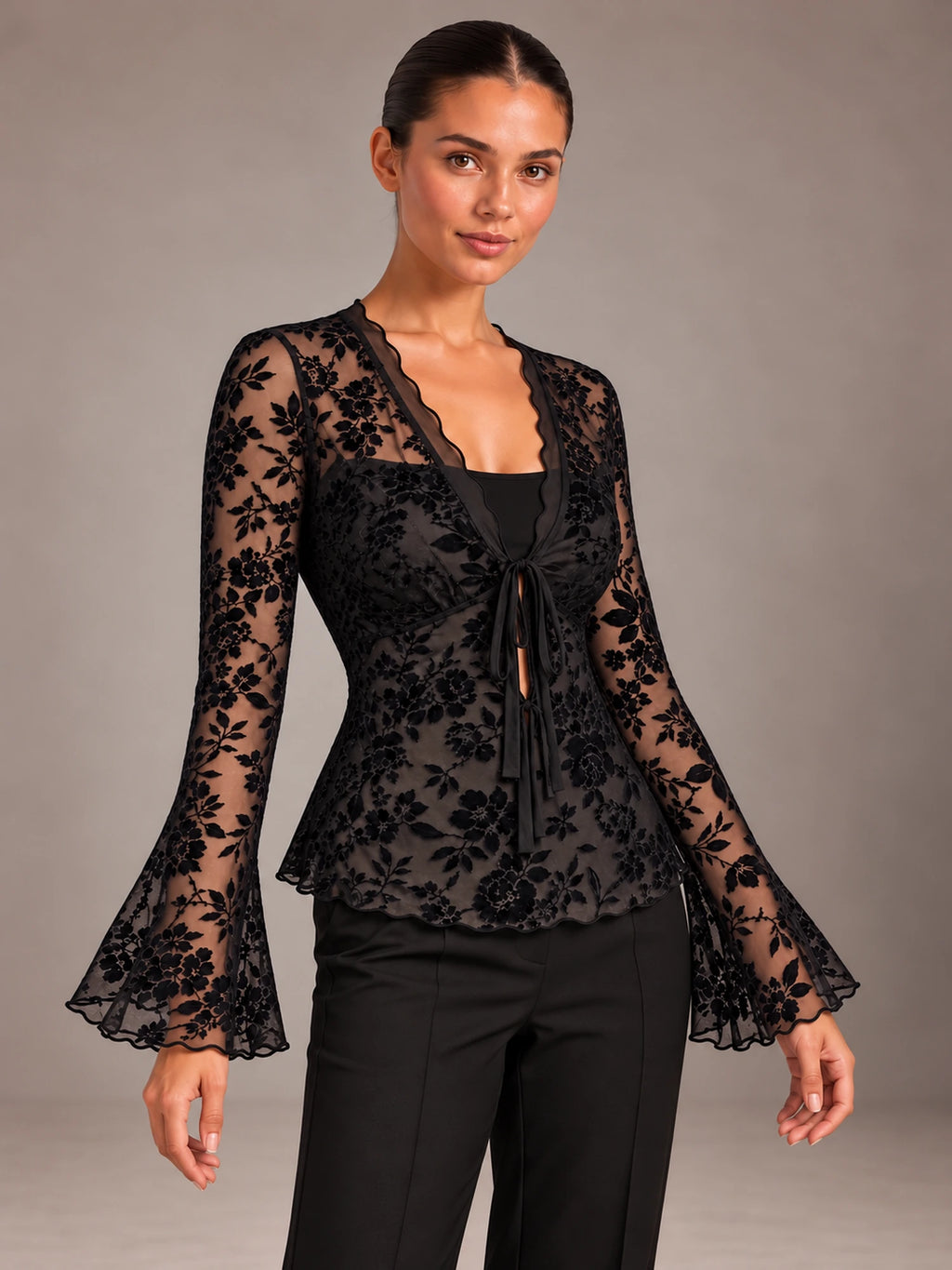 Women's Floral Lace Top – Tie Front Flared Sleeve Party Blouse in Black, on model view