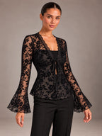Women's Floral Lace Top – Tie Front Flared Sleeve Party Blouse in Black, on model view