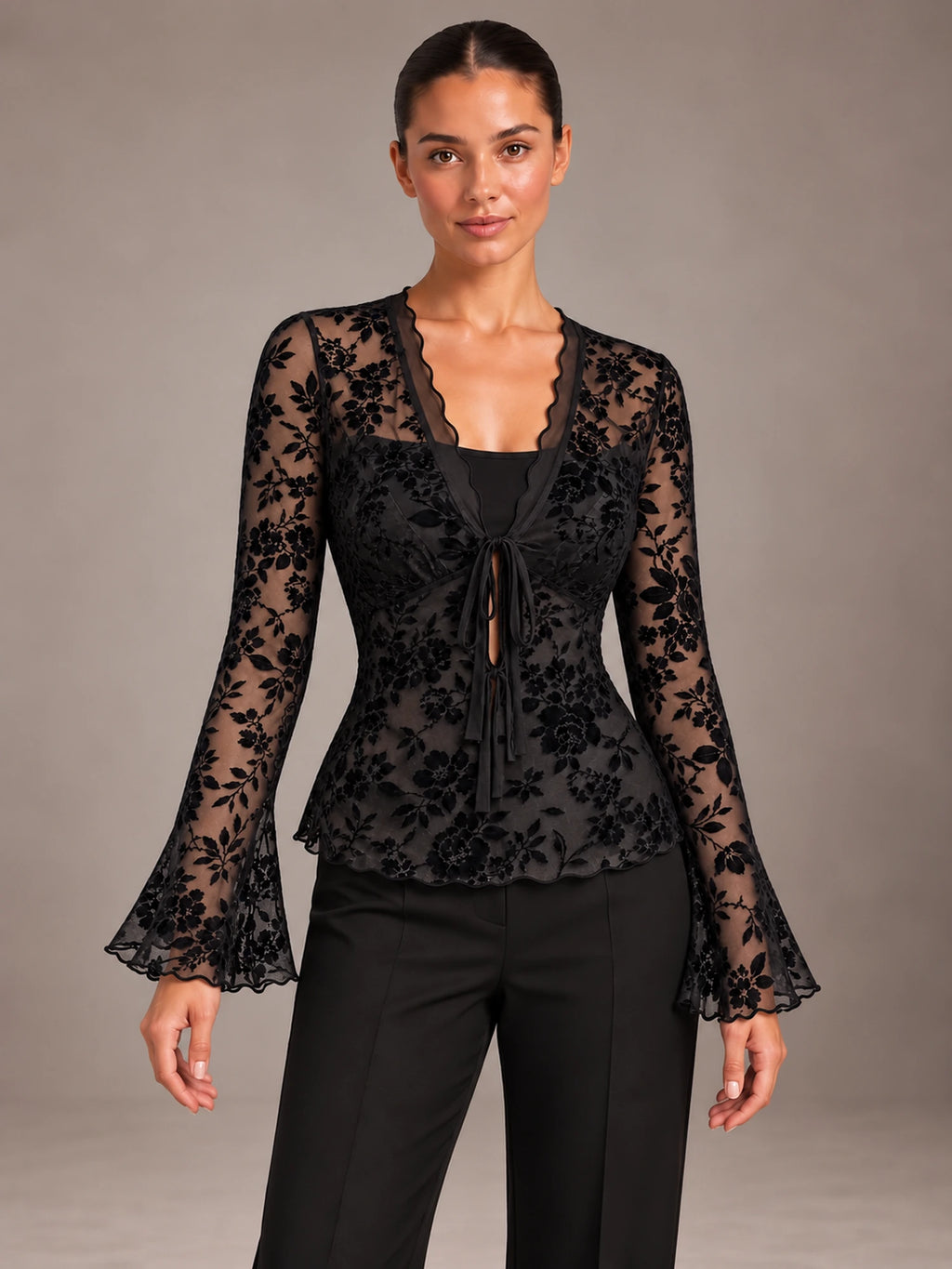 Women's Floral Lace Top – Tie Front Flared Sleeve Party Blouse in Black, front view