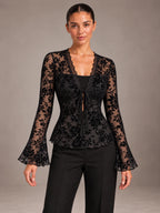 Women's Floral Lace Top – Tie Front Flared Sleeve Party Blouse in Black, front view
