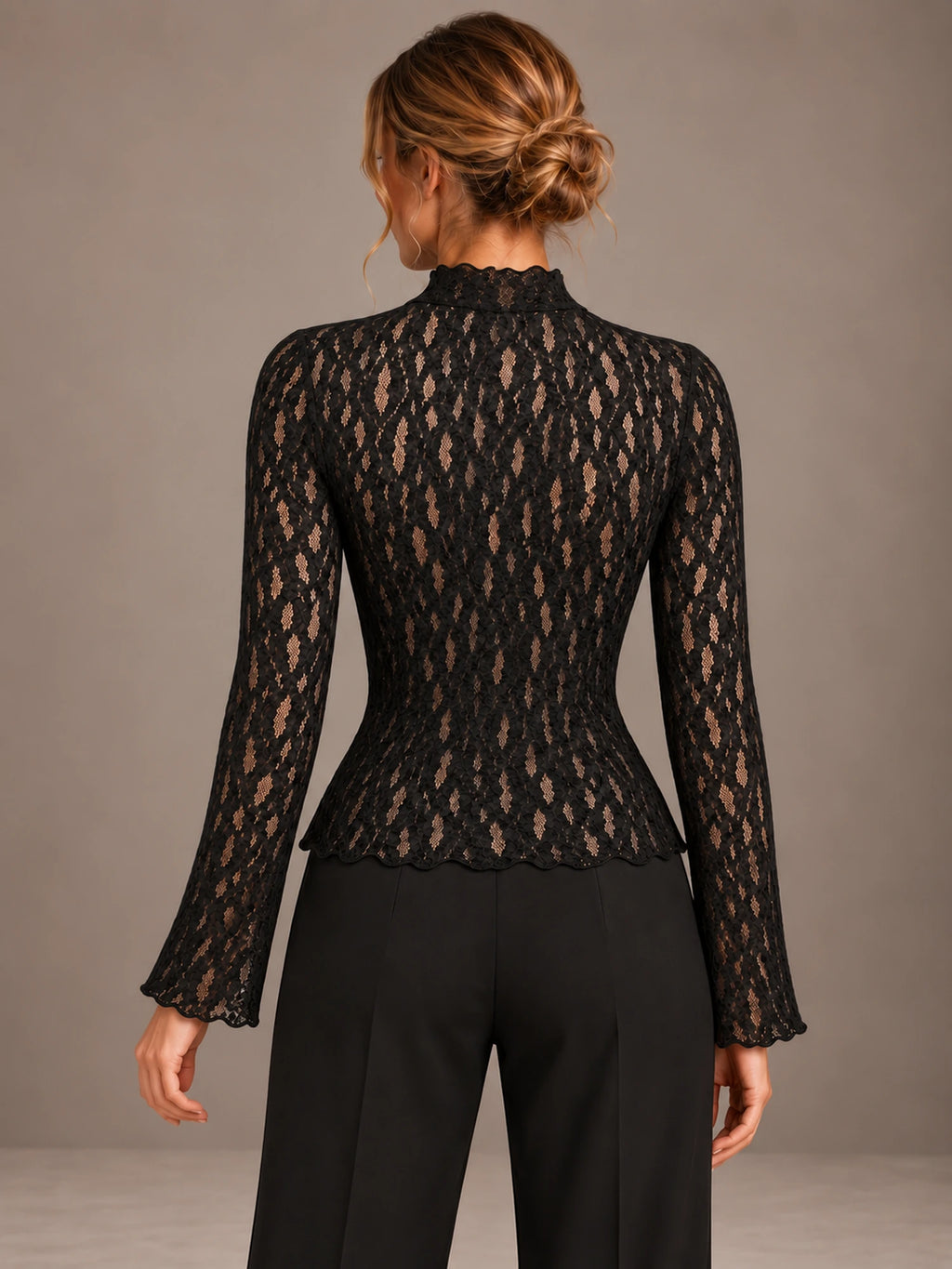 Women's Tie Neck Lace Blouse – Keyhole Front Evening Top in Black, back view