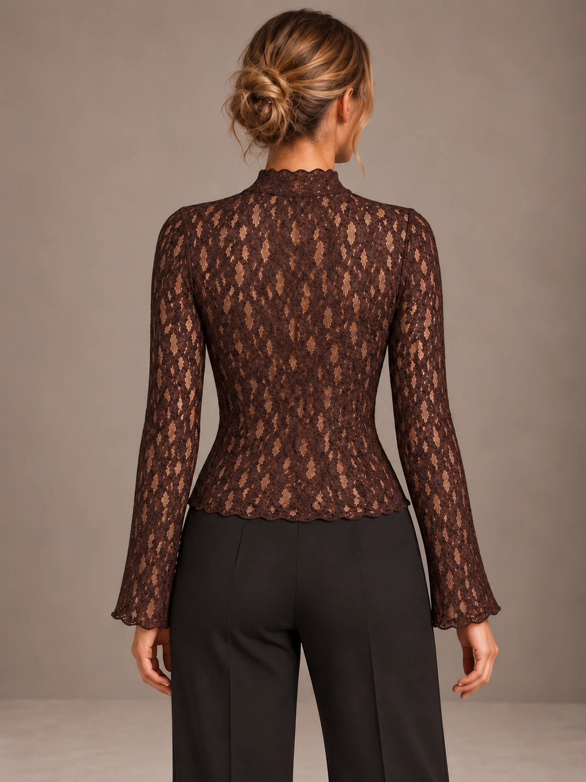 Women's Tie Neck Lace Blouse – Keyhole Front Evening Top in Chocolate, back view