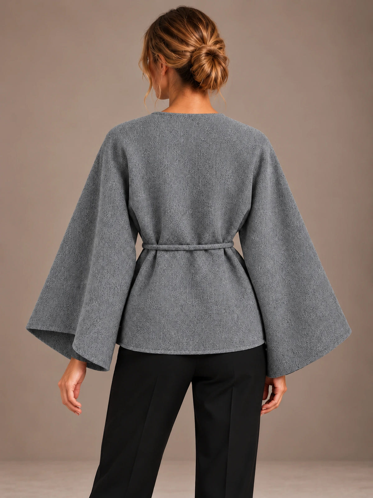 Women's Cape Sleeve Wrap Jacket – Tie Waist Collarless Coat in Gray, back view