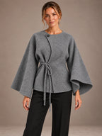 Women's Cape Sleeve Wrap Jacket – Tie Waist Collarless Coat in Gray, front view