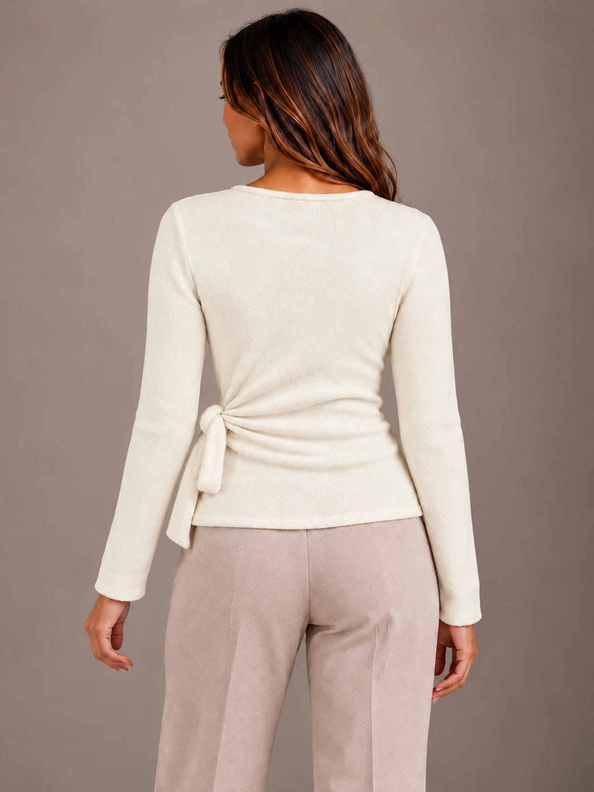 Women's Ballet Wrap Cardigan – Side Tie Fitted Knit Top in Cream, back view