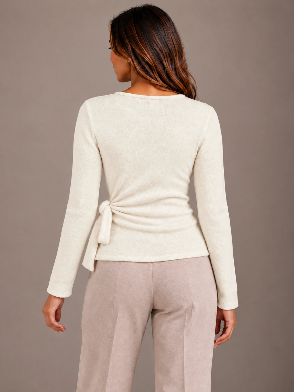 Women's Ballet Wrap Cardigan – Side Tie Fitted Knit Top in Cream, back view