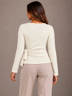Women's Ballet Wrap Cardigan – Side Tie Fitted Knit Top in Cream, back view