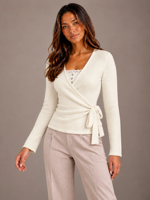 Women's Ballet Wrap Cardigan – Side Tie Fitted Knit Top in Cream, on model view