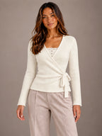 Women's Ballet Wrap Cardigan – Side Tie Fitted Knit Top in Cream, front view