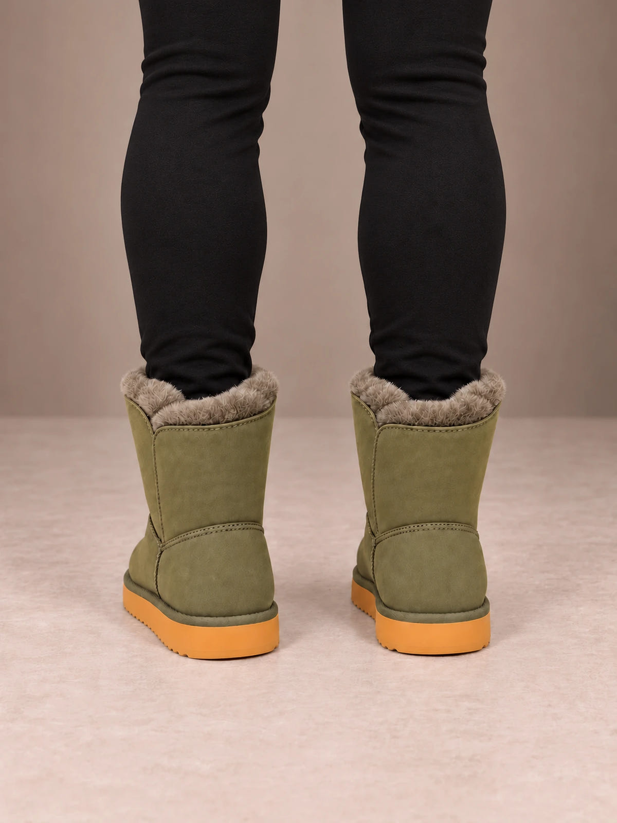 Women's Toggle Ankle Boots – Fleece-Lined Faux Suede Winter Boots in Olive, back view