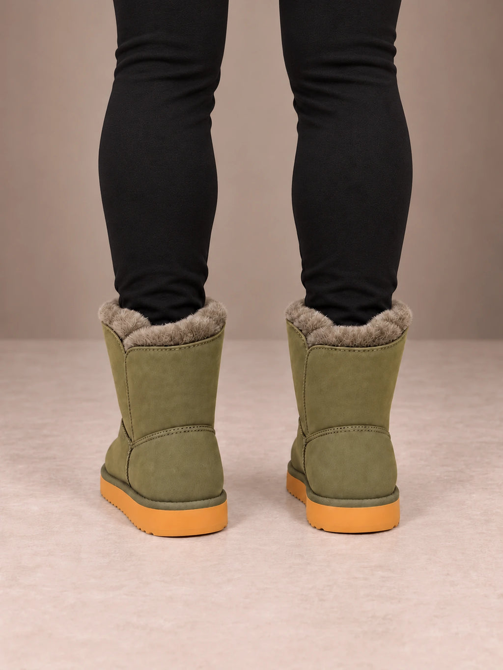 Women's Toggle Ankle Boots – Fleece-Lined Faux Suede Winter Boots in Olive, back view