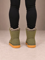 Women's Toggle Ankle Boots – Fleece-Lined Faux Suede Winter Boots in Olive, back view
