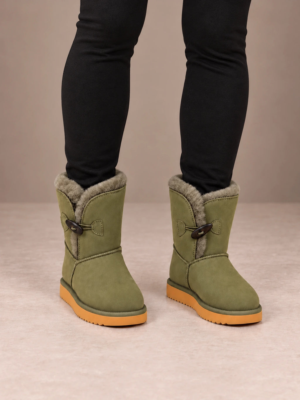 Women's Toggle Ankle Boots – Fleece-Lined Faux Suede Winter Boots in Olive, front view