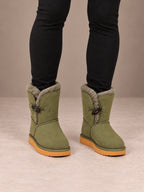 Women's Toggle Ankle Boots – Fleece-Lined Faux Suede Winter Boots in Olive, front view