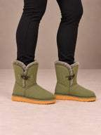 Women's Toggle Ankle Boots – Fleece-Lined Faux Suede Winter Boots in Olive, side view