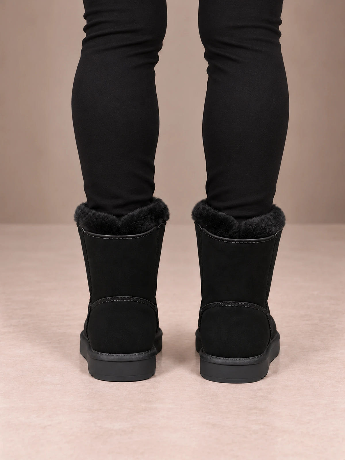 Women's Toggle Ankle Boots – Fleece-Lined Faux Suede Winter Boots in Black, back view