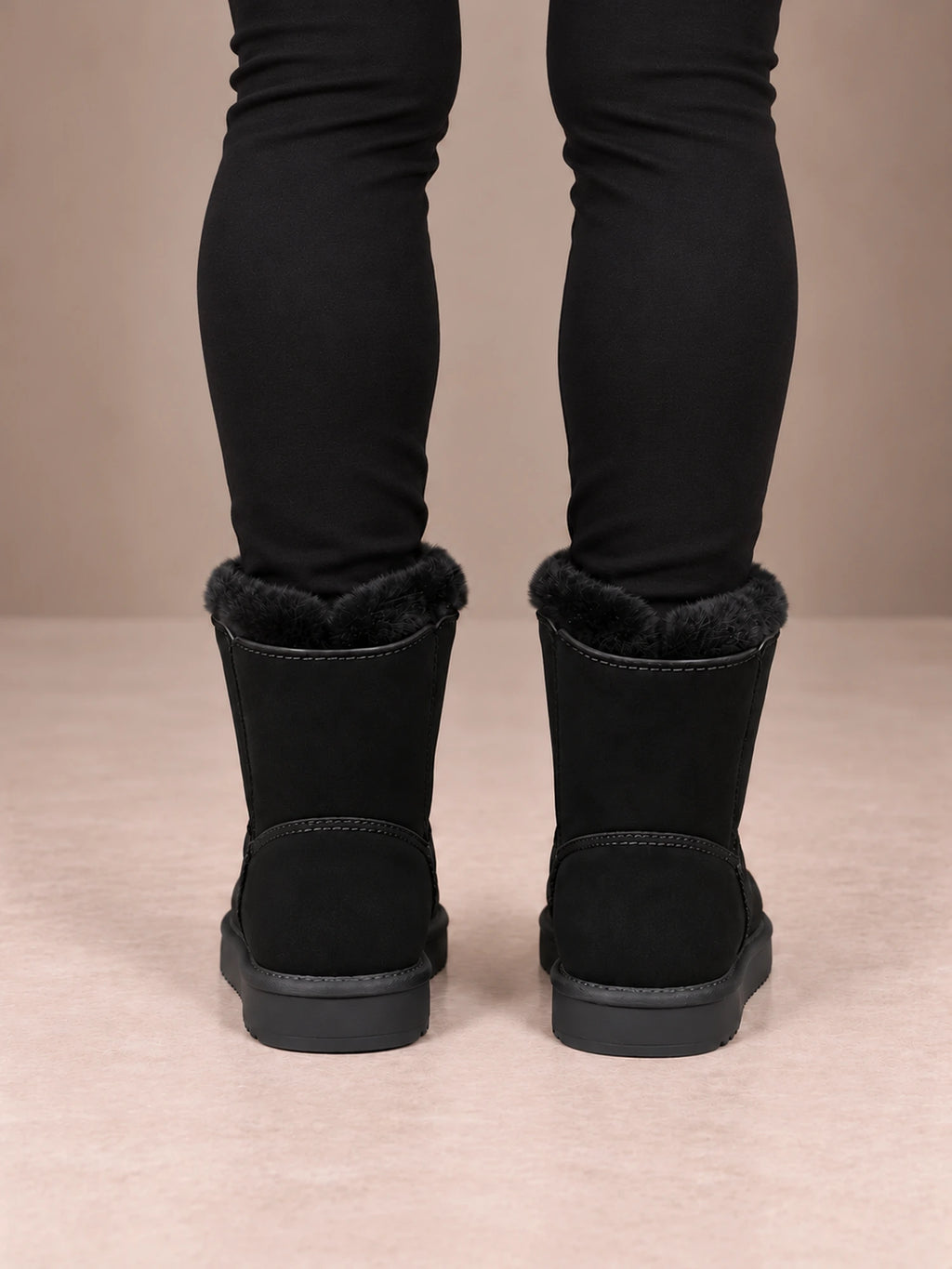 Women's Toggle Ankle Boots – Fleece-Lined Faux Suede Winter Boots in Black, back view