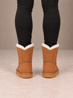 Women's Toggle Ankle Boots – Fleece-Lined Faux Suede Winter Boots in Chestnut, back view