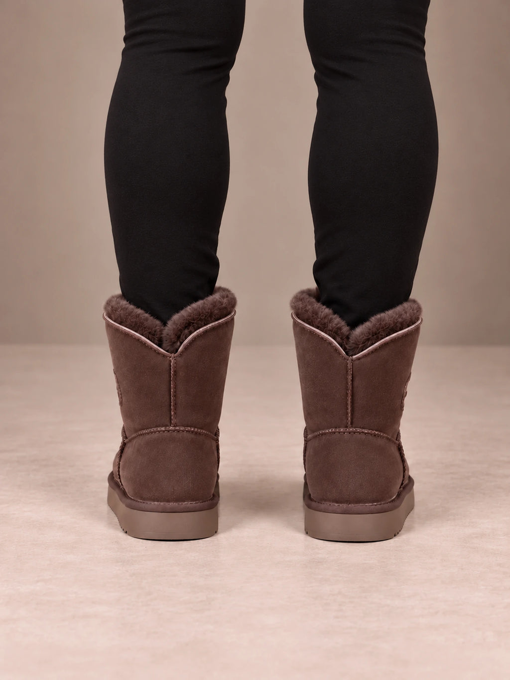 Women's Toggle Ankle Boots – Fleece-Lined Faux Suede Winter Boots in Chocolate, back view