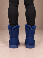 Women's Toggle Ankle Boots – Fleece-Lined Faux Suede Winter Boots in Navy, back view
