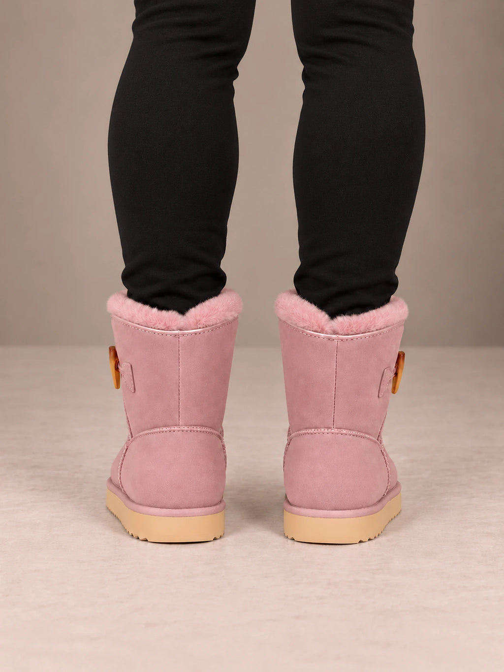 Women's Toggle Ankle Boots – Fleece-Lined Faux Suede Winter Boots in Dusty Pink, back view