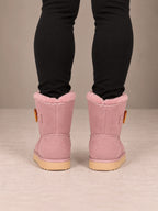 Women's Toggle Ankle Boots – Fleece-Lined Faux Suede Winter Boots in Dusty Pink, back view