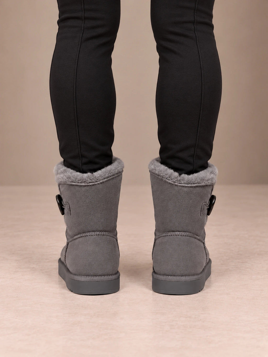 Women's Toggle Ankle Boots – Fleece-Lined Faux Suede Winter Boots in Gray, back view